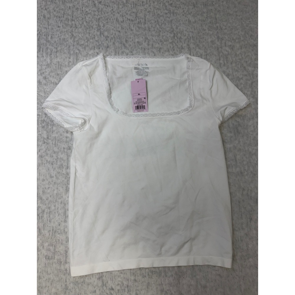 Wild Fable Womens Lace Trim Square Neck Short Sleeve Top White XL‎ NWT